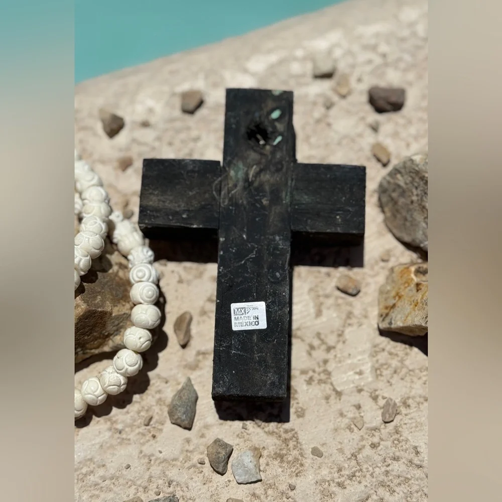 Milagros Silver Metal Charm Spanish Folk Art Painted Wood Cross-Charcoal